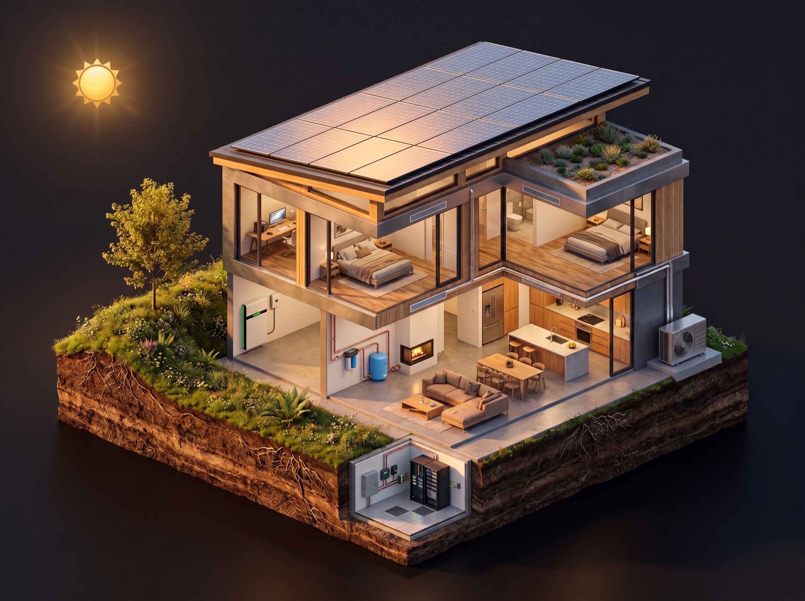 Isometric cutaway of an Awase home: solar roof, battery, water filtration, mini data center, heat-pump HVAC on a floating earth tile